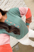 Button Henley Patchwork Textured Knit Balloon Sleeve Top Longline Casual